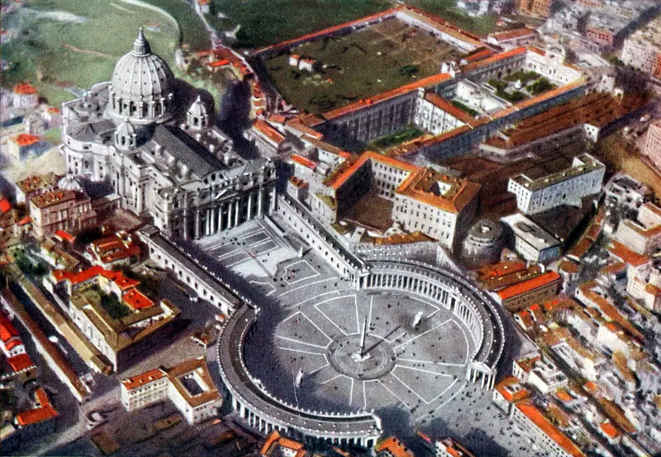 Vista aérea de la Basílica de San Pedro y el territorio amurallado del Vaticano